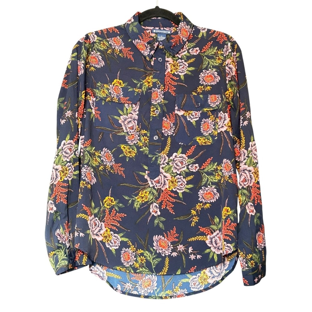 Architect Blouse Womens Size S Blue with Multicolor Floral 1/2 Button Up Top
